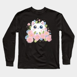 Cute white cat surrounded by pink flowers art Long Sleeve T-Shirt